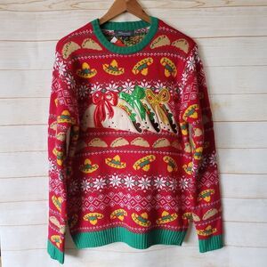33 Degrees Ugly Christmas Sweater Mexican Tacos Women's Medium Multi Color Crew
